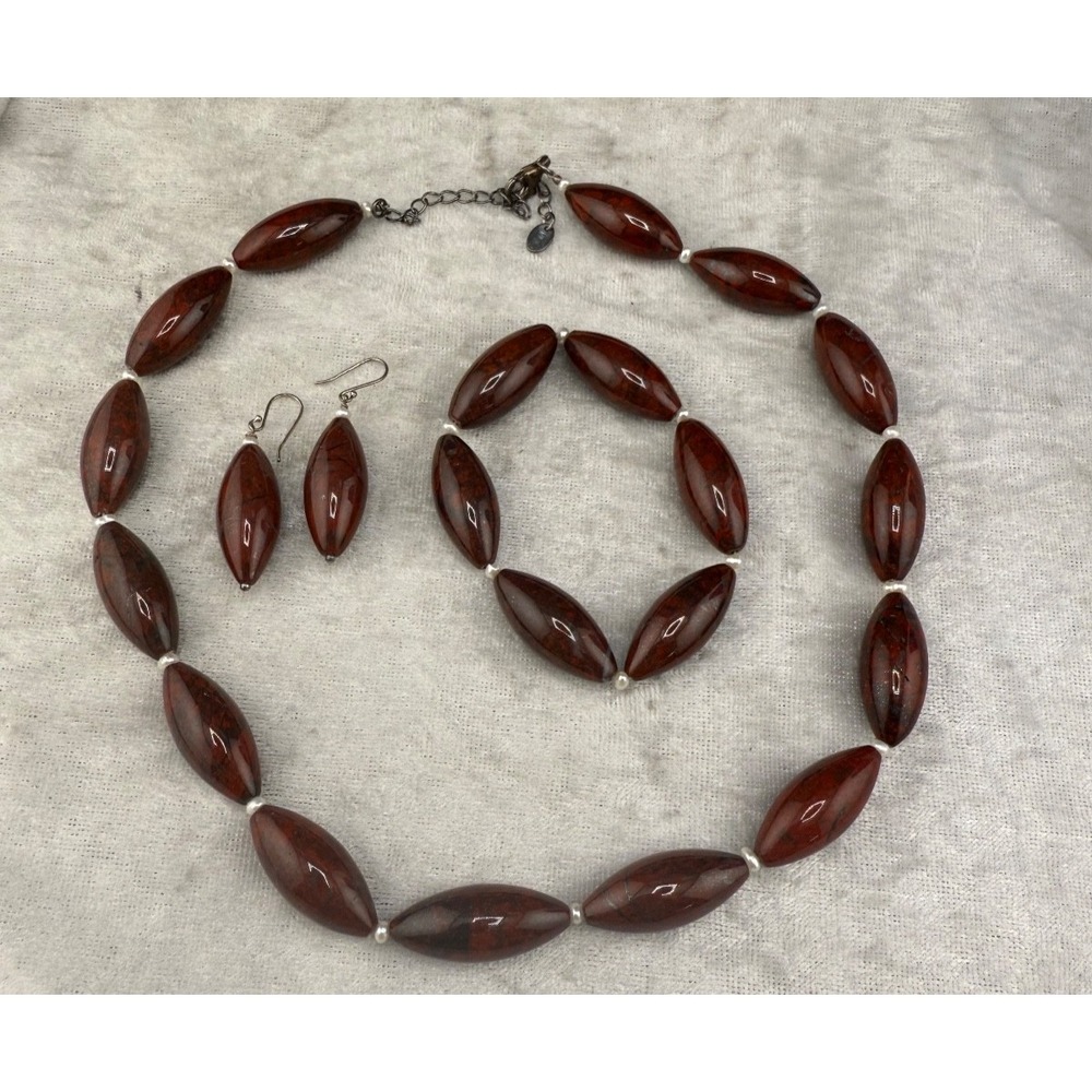GSJ Red Jasper Gemstone Necklace Earrings Bracelet Set‎ 19" 6" Signed